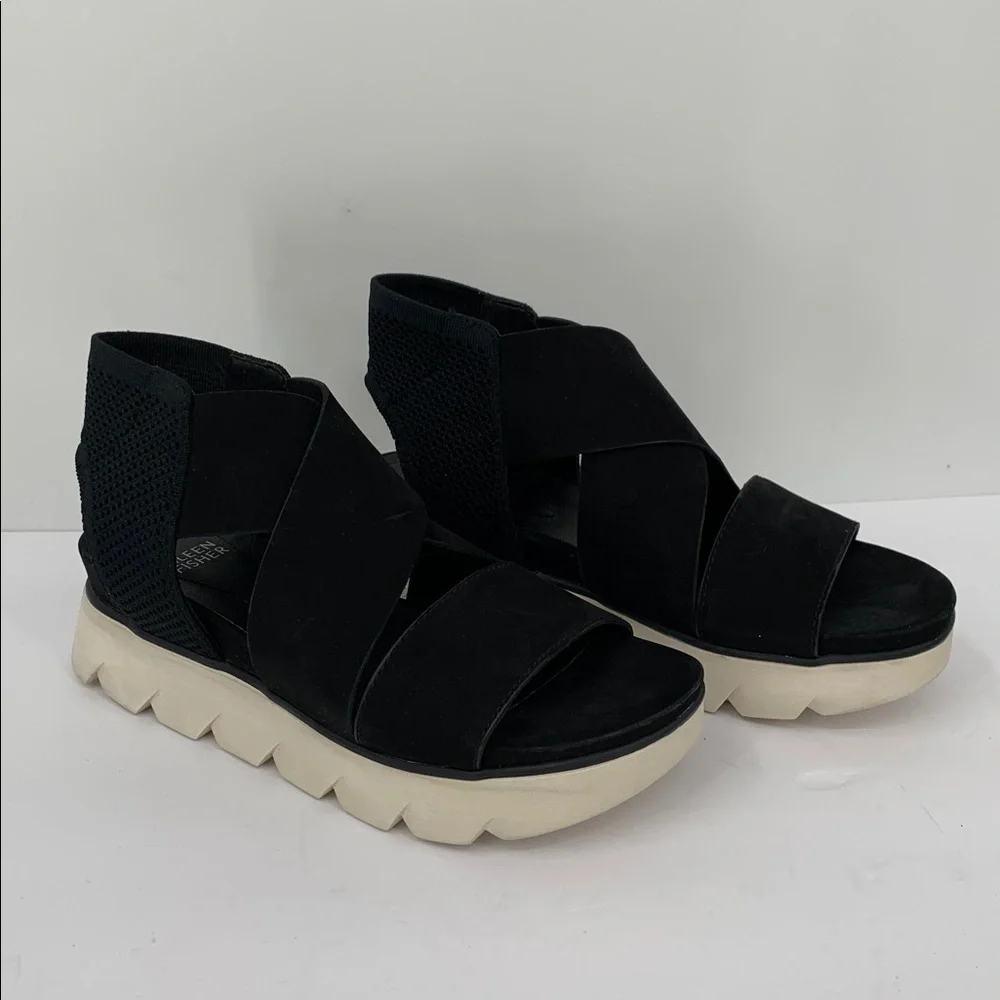 Eileen Fisher Chant platform wedge sandal black shoe leather strappy new 8.5
